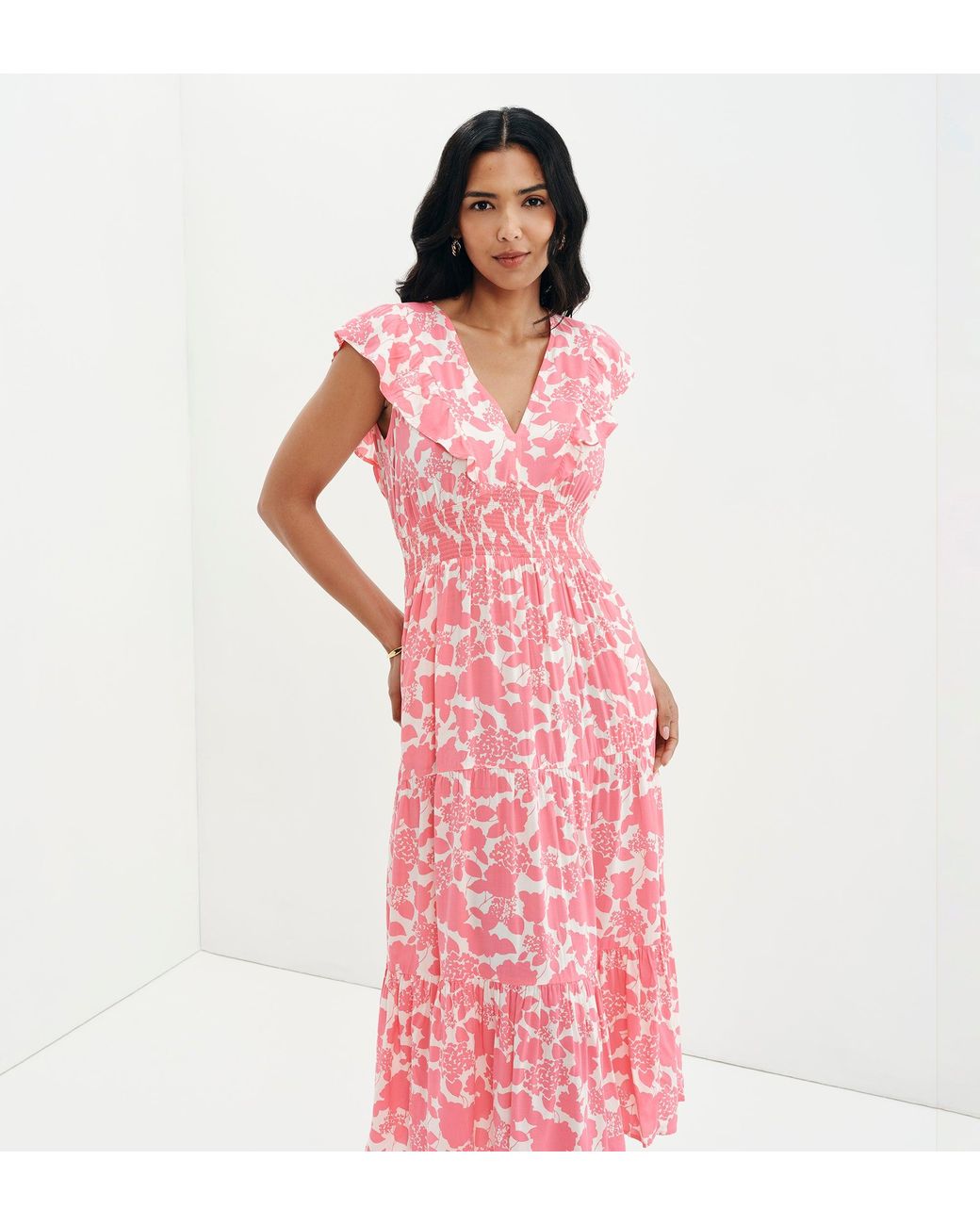 Finery London Pink Mattie Frill Sleeve Empire Waist Tiered Midi Dress