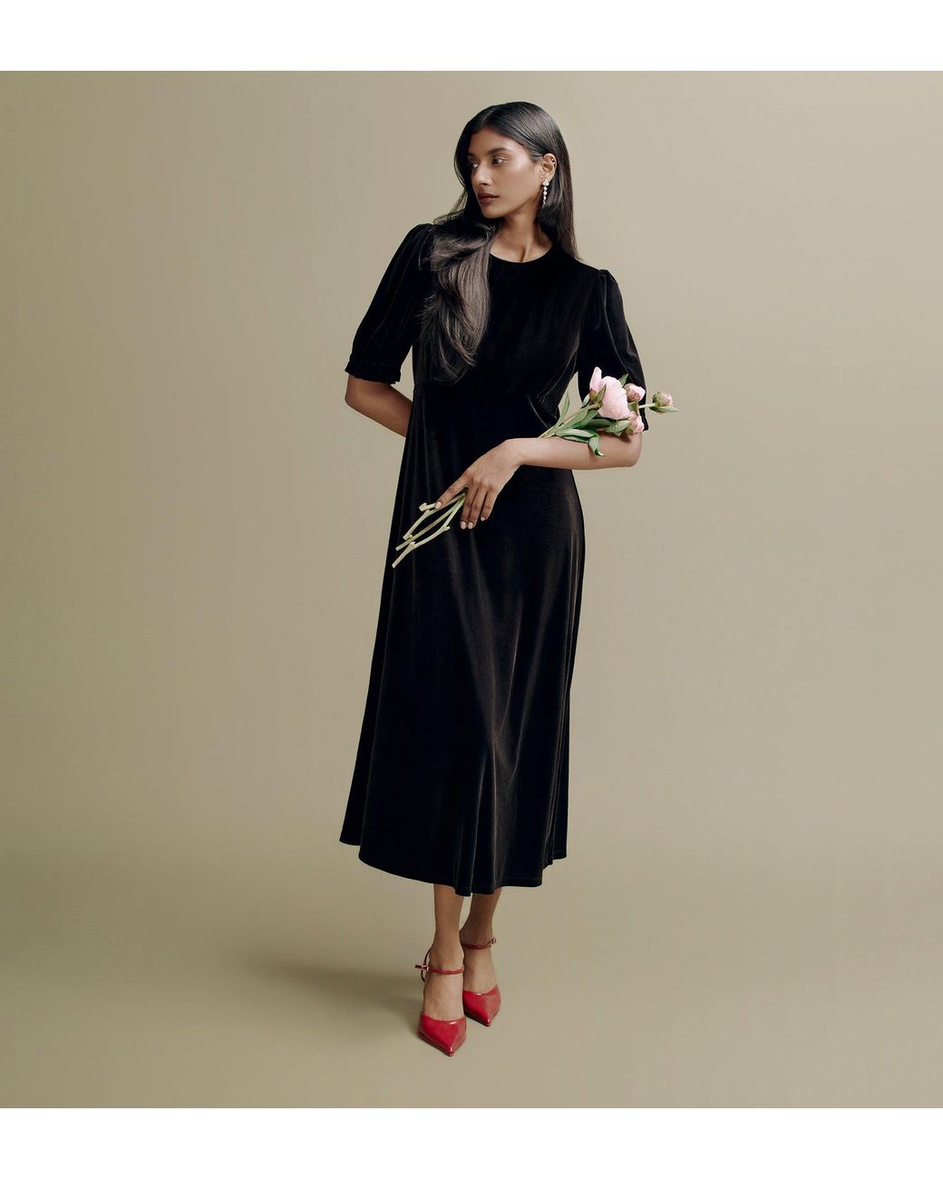 Finery London Black Mela Velvet Midi Tea Dress