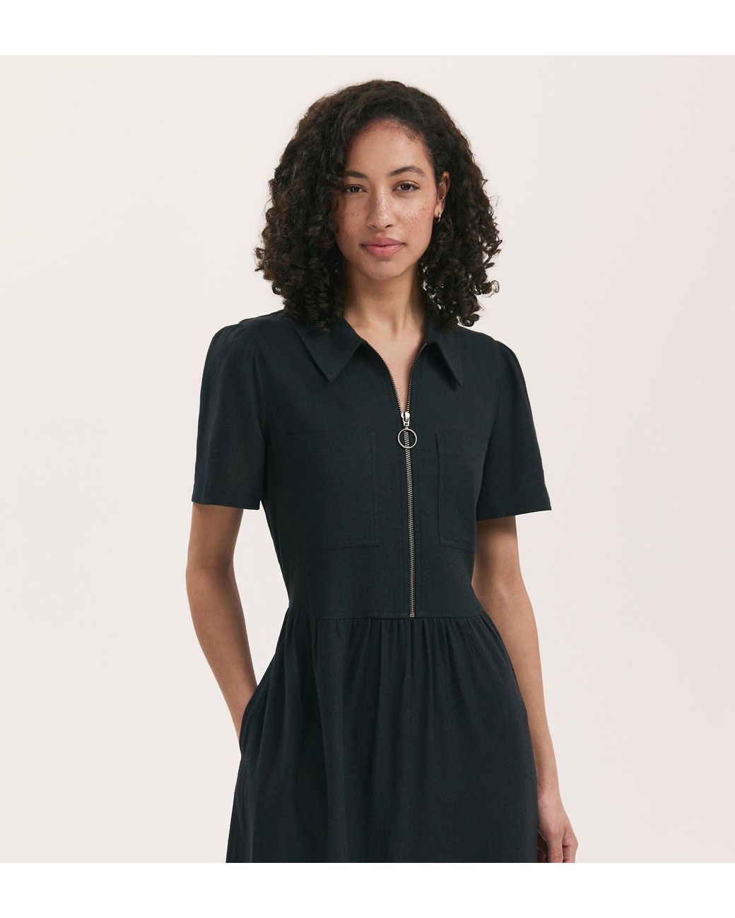 Finery London Black Tania Linen Blend Midi Shirt Dress