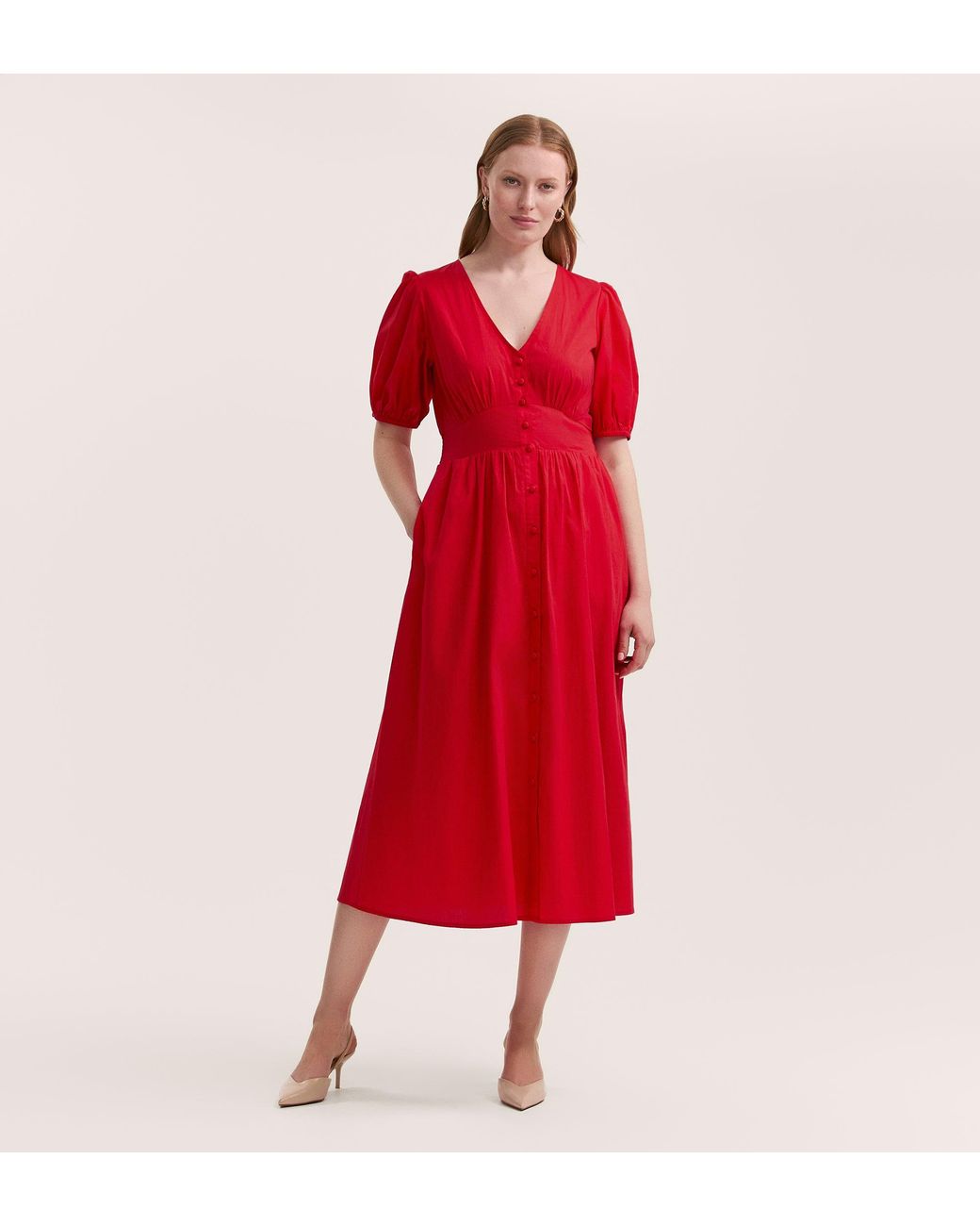 Finery London Red Addison Cotton Midi Tea Dress