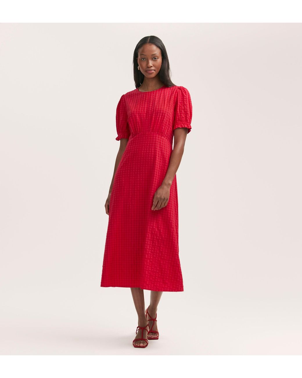 Finery London Red Mela Gingham Seersucker Midi Dress