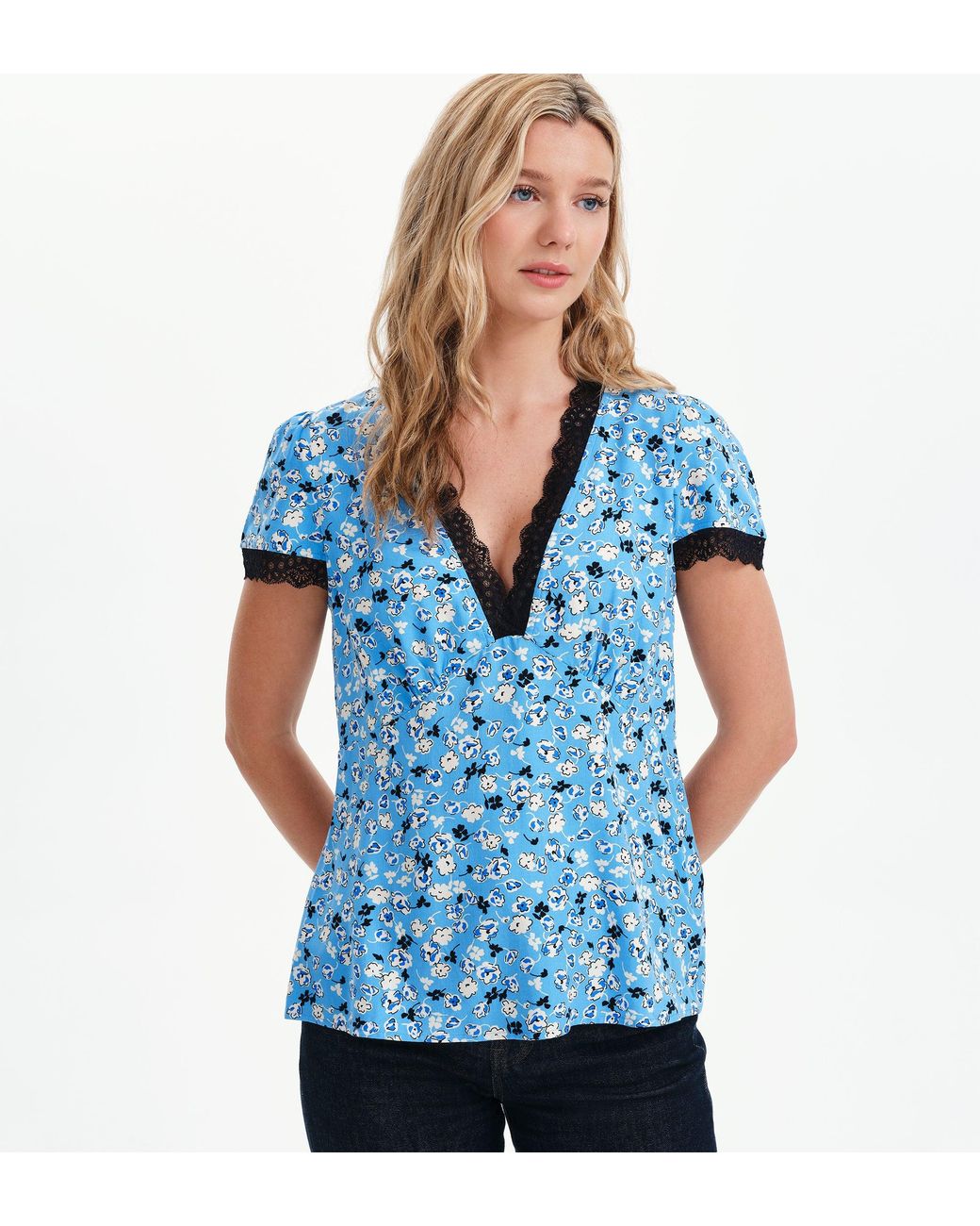 Finery London Blue Lacie Lace Trim V-Neck Empire Waist Top