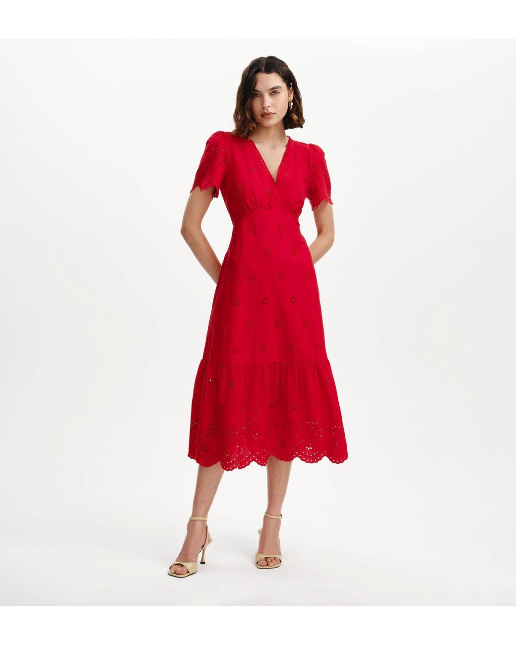 Finery London Red Quinn Cotton Broderie Lace Trim V-Neck Midi Dress