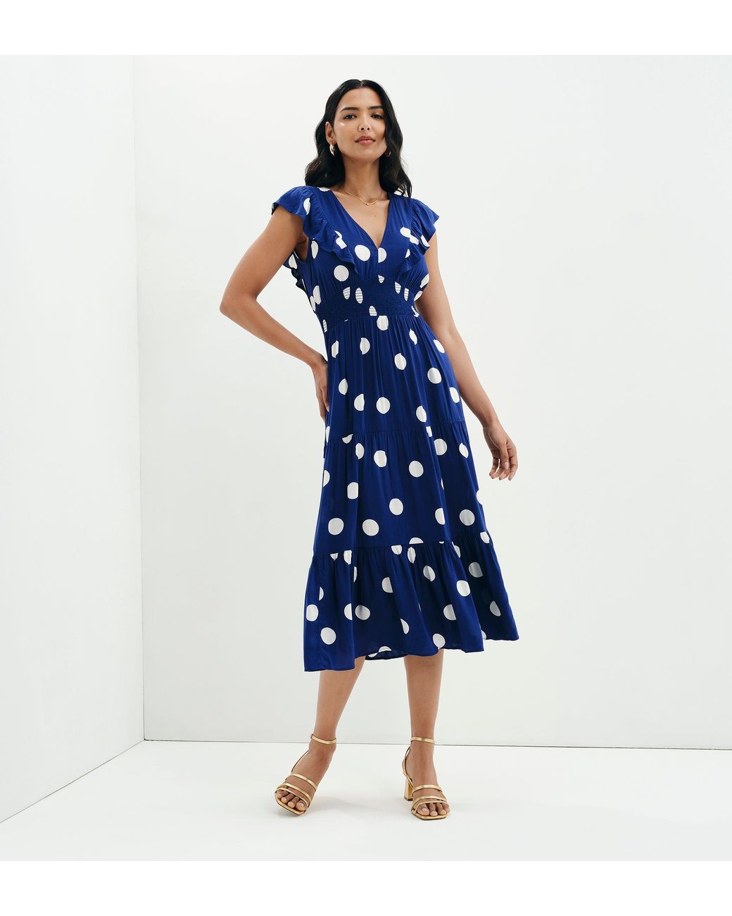 Finery London Blue Mattie Polka Dot Frill Sleeve Empire Waist Tiered Midi Dress