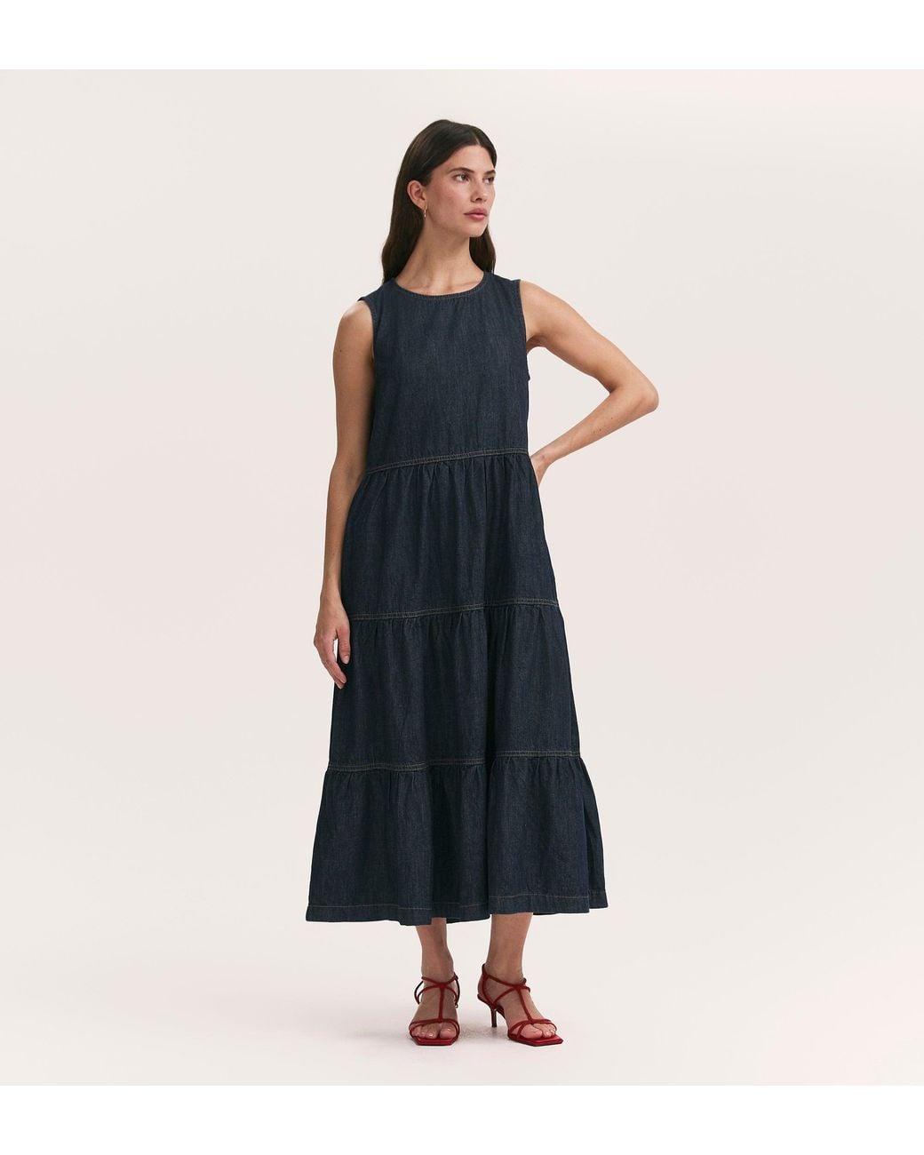 Finery London Blue Essie Denim Sleeveless Midi Tiered Dress