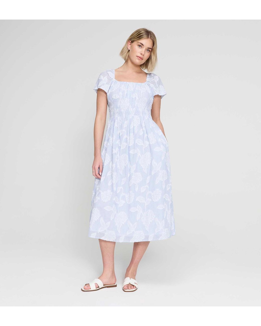Finery London White Maia Jacquard Stripe Shirred Waist Midi Dress