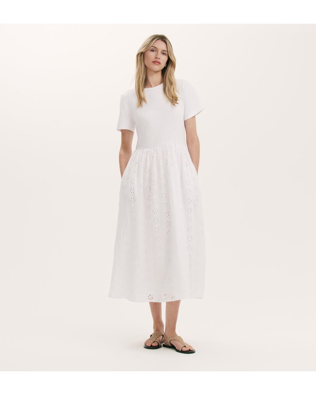 Finery London Pink Brea Cotton Broderie Midi T-Shirt Dress