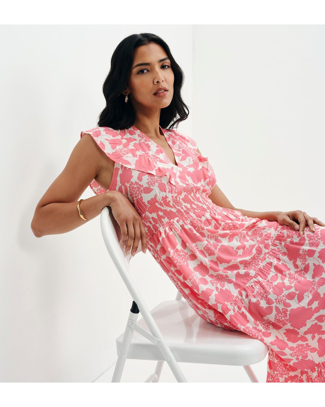 Finery London Pink Mattie Frill Sleeve Empire Waist Tiered Midi Dress