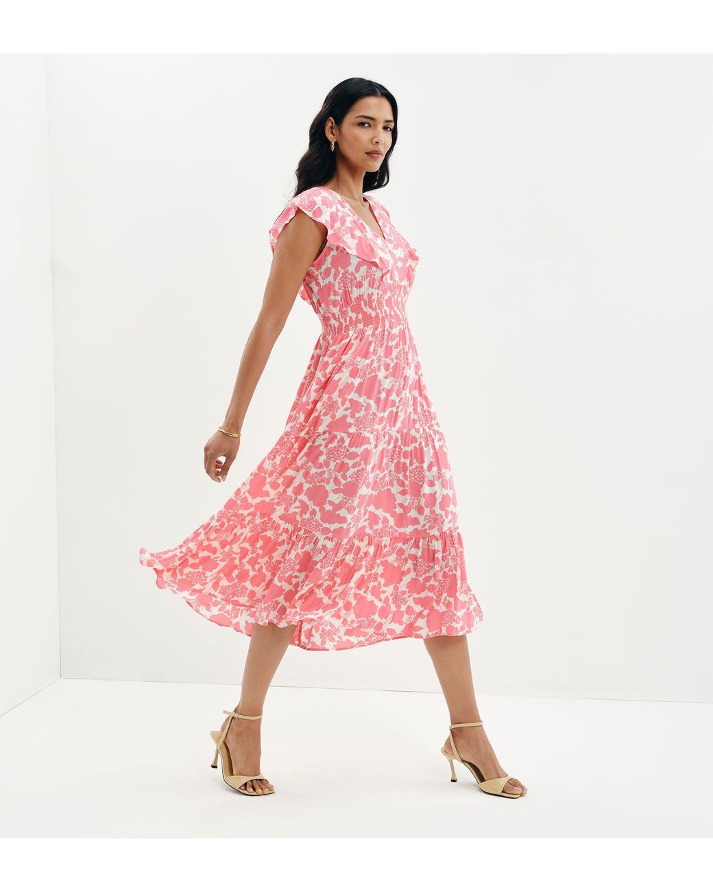 Finery London Pink Mattie Frill Sleeve Empire Waist Tiered Midi Dress
