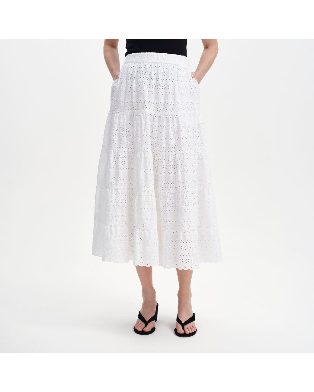 Finery London White Siobhan Cotton Broderie Tiered Midi Skirt