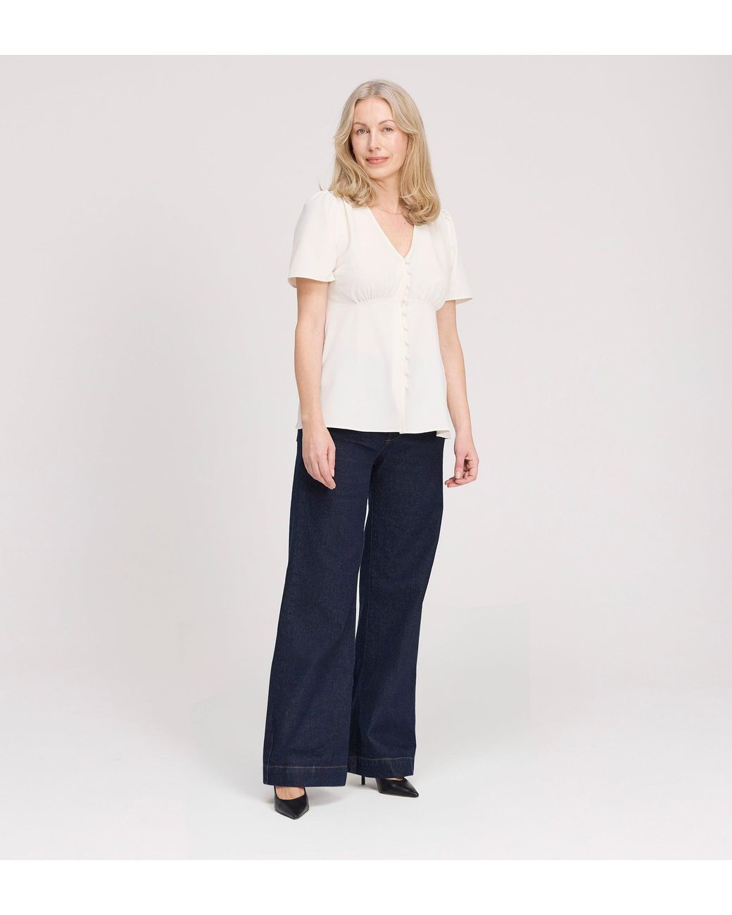Finery London Natural Maryam Button Up V-Neck Short Sleeve Top