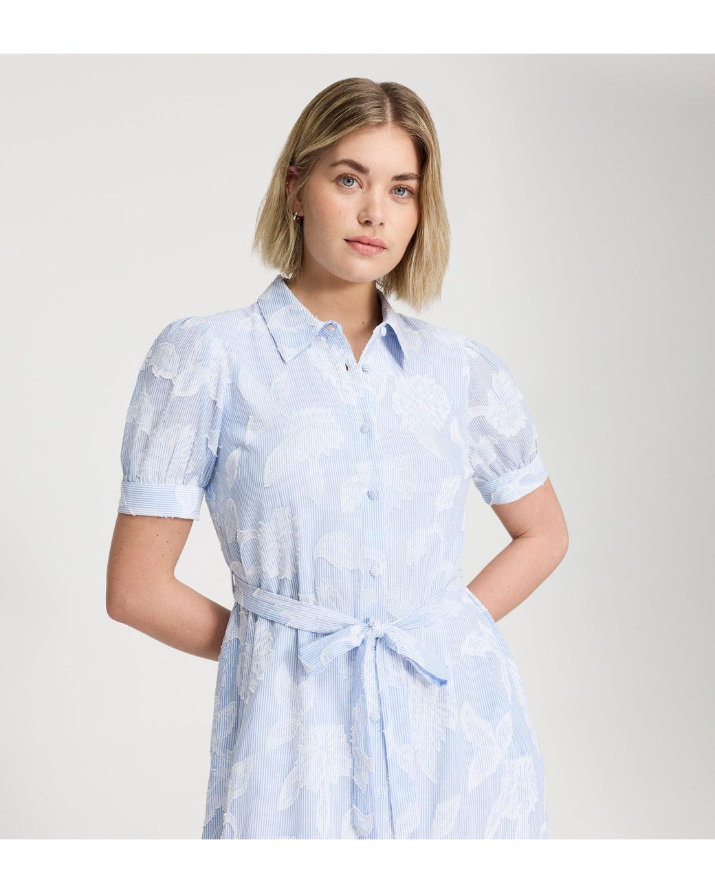 Finery London Blue Mariah Jacquard Stripe Cotton Midi Shirt Dress