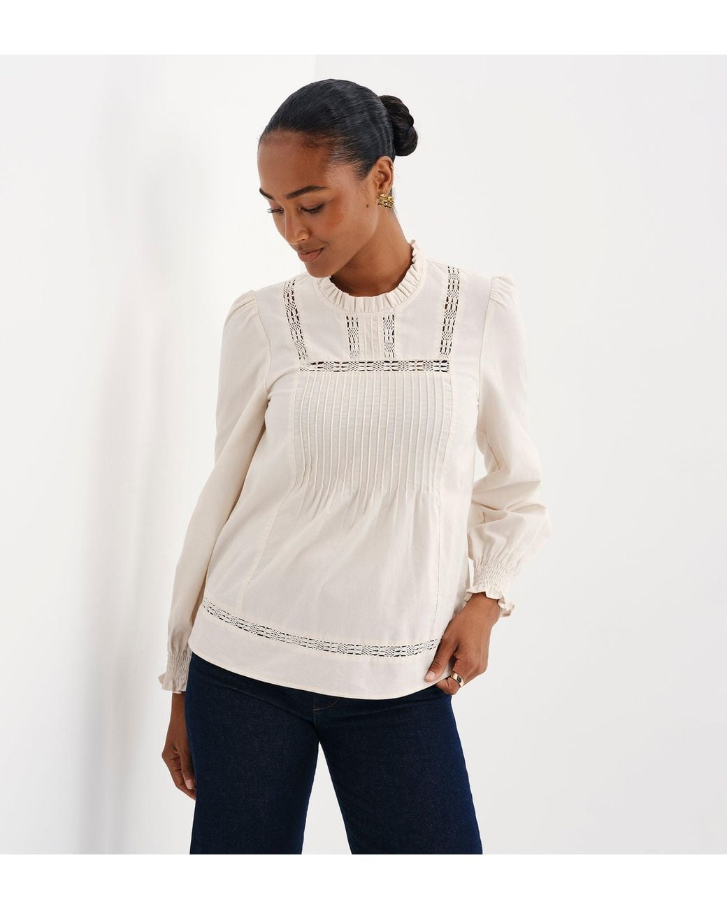 Finery London Natural Alicia Corduroy Lace Trim Pintuck Top