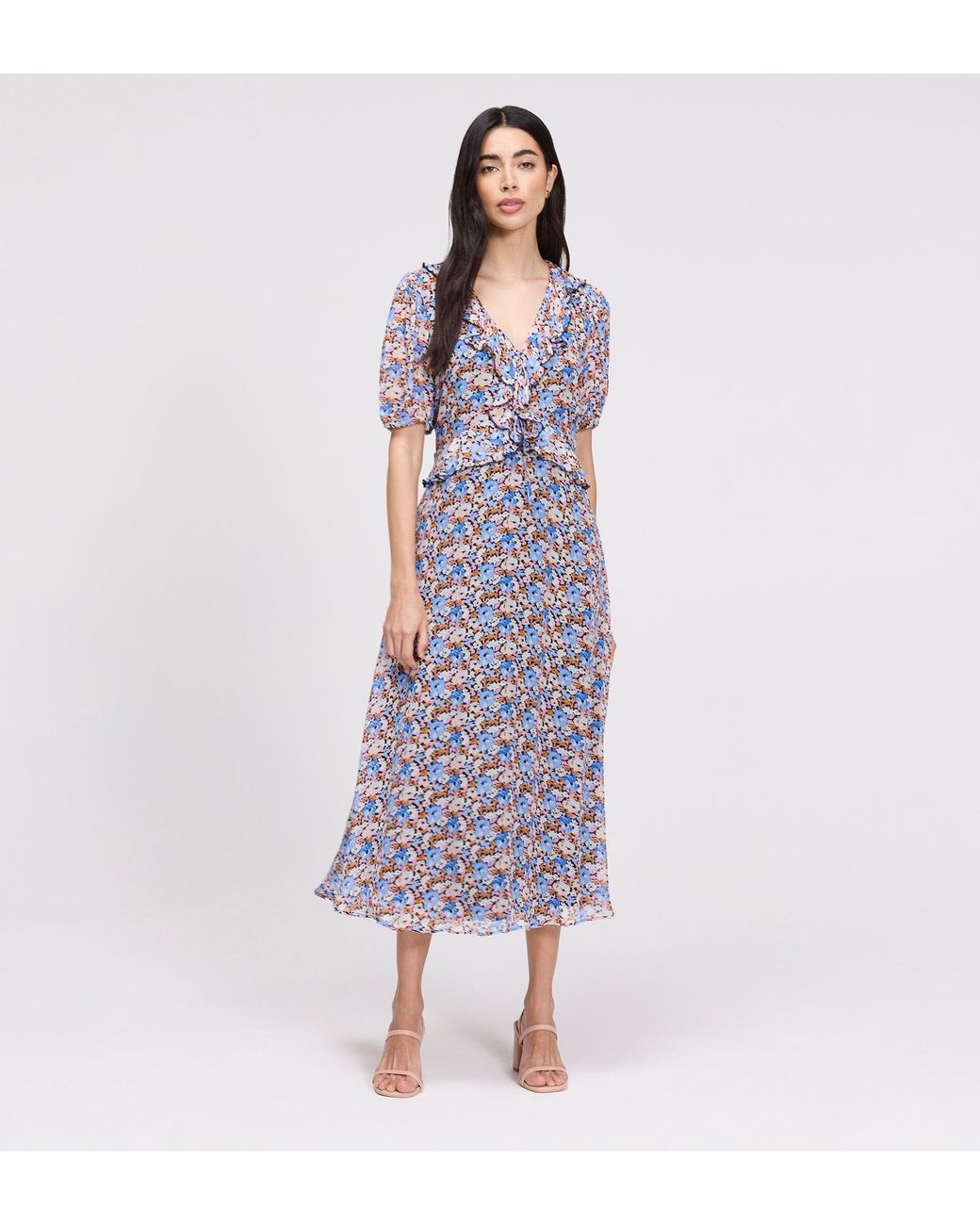 Finery London Purple Pomona Chiffon Ruffle Bow Puff Sleeve Midi Dress