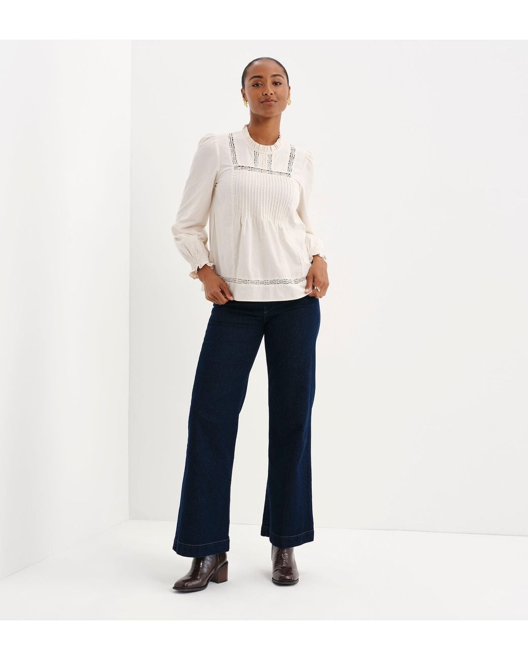 Finery London Natural Alicia Corduroy Lace Trim Pintuck Top