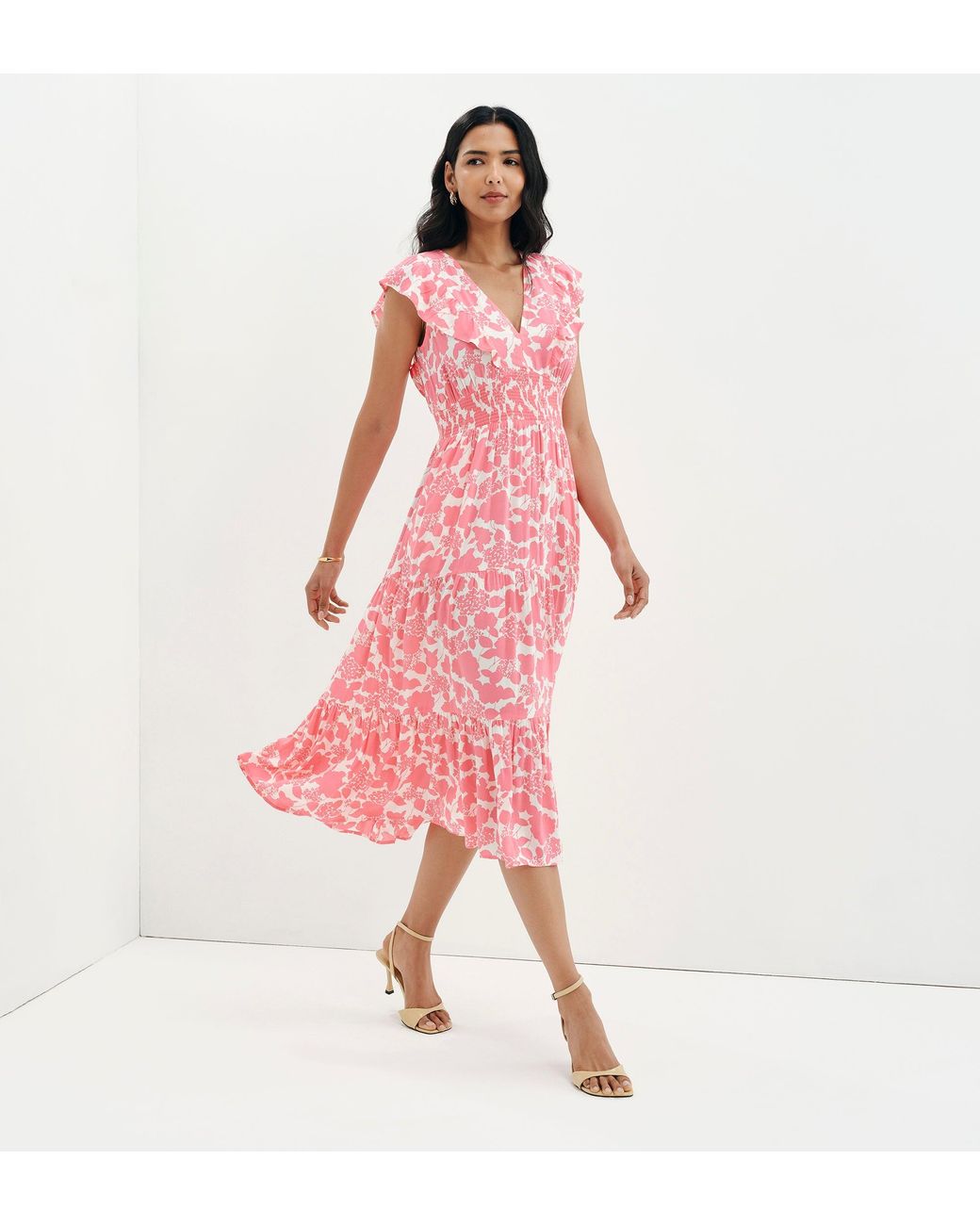 Finery London Pink Mattie Frill Sleeve Empire Waist Tiered Midi Dress