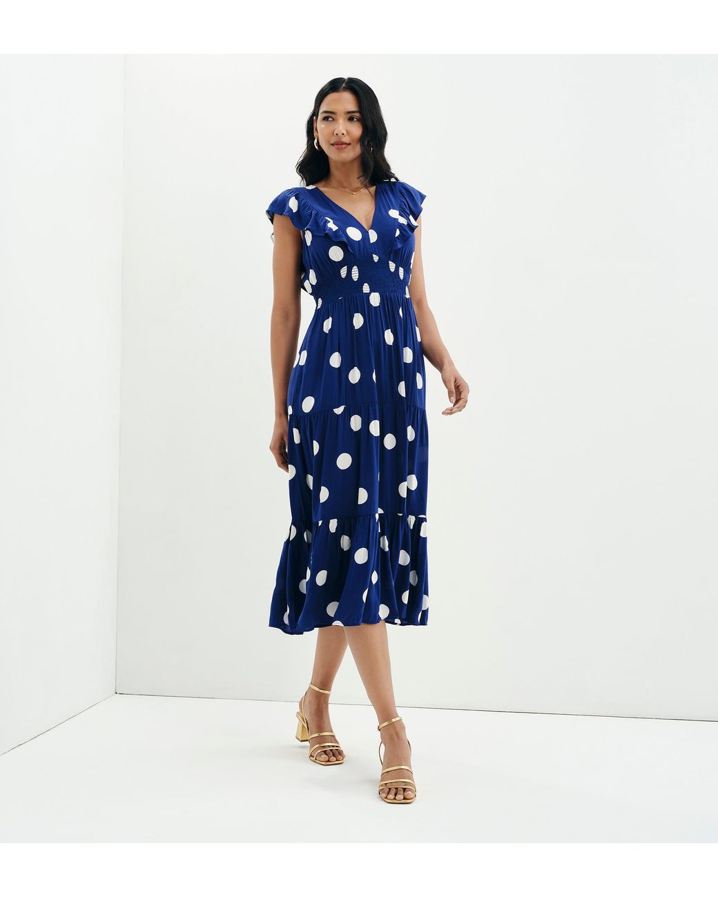 Finery London Blue Mattie Polka Dot Frill Sleeve Empire Waist Tiered Midi Dress