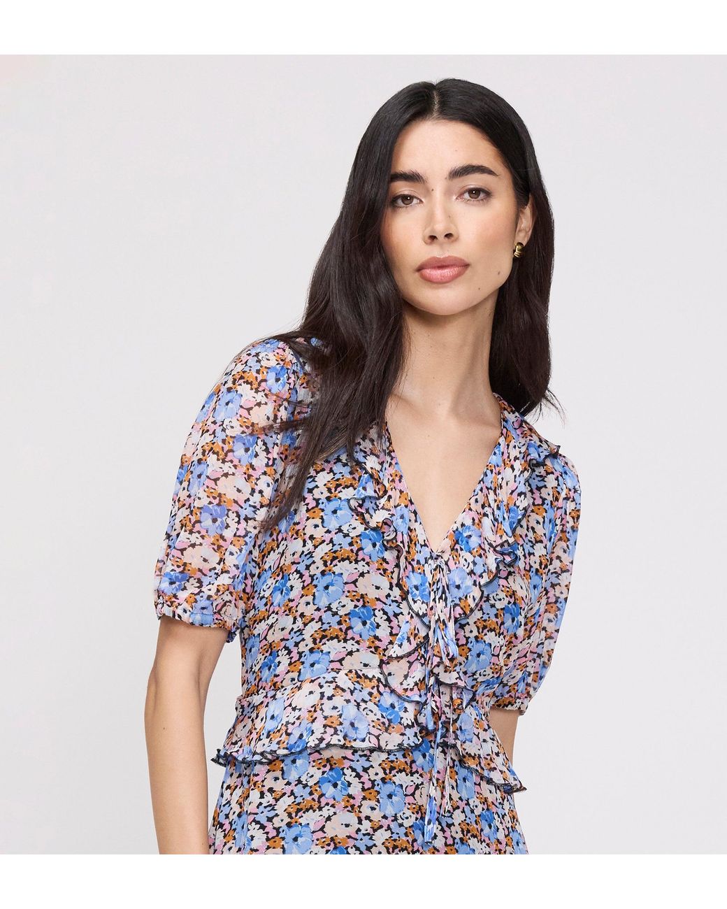 Finery London Purple Pomona Chiffon Ruffle Bow Puff Sleeve Midi Dress
