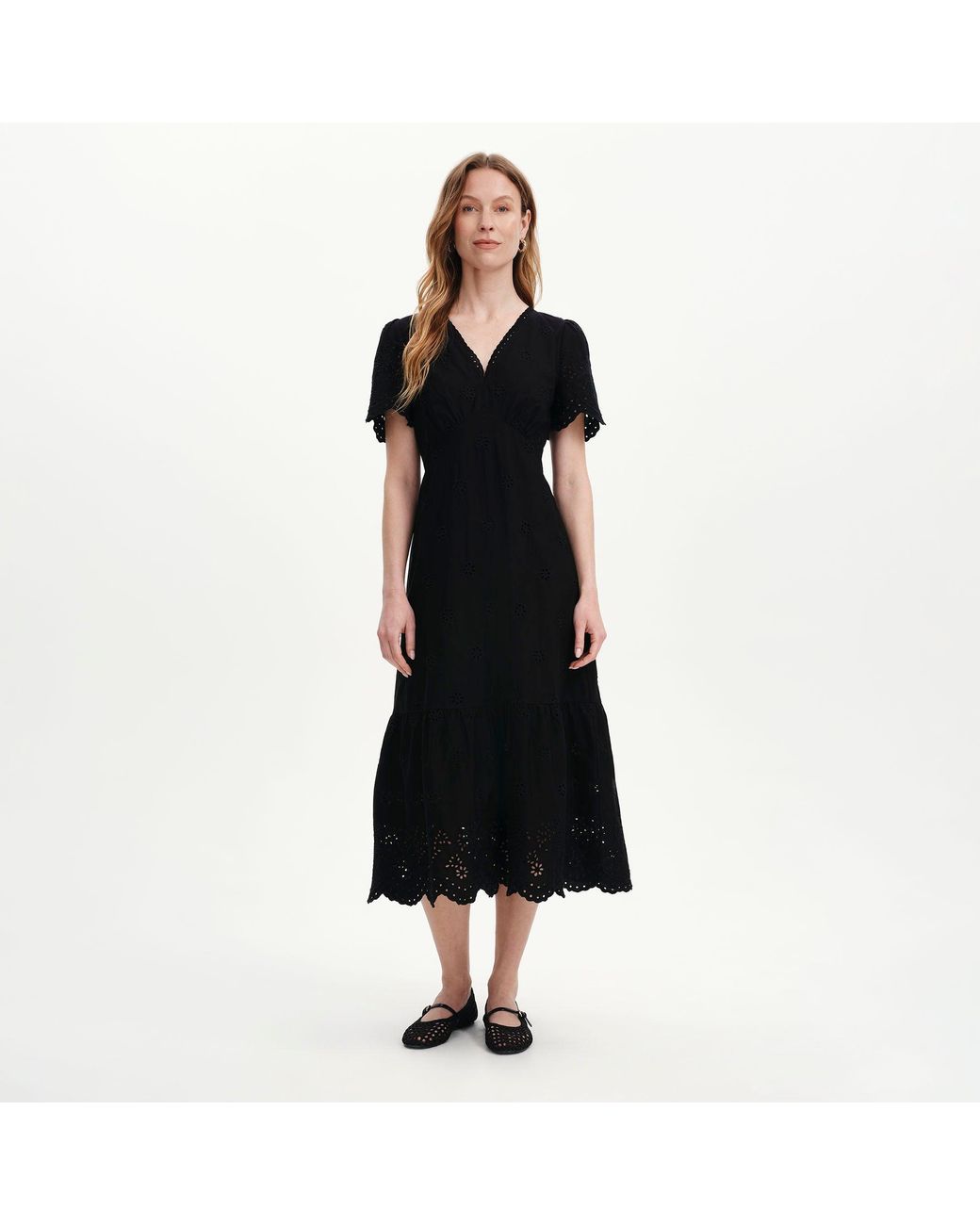 Finery London Black Quinn Cotton Broderie Lace Trim V-Neck Midi Dress