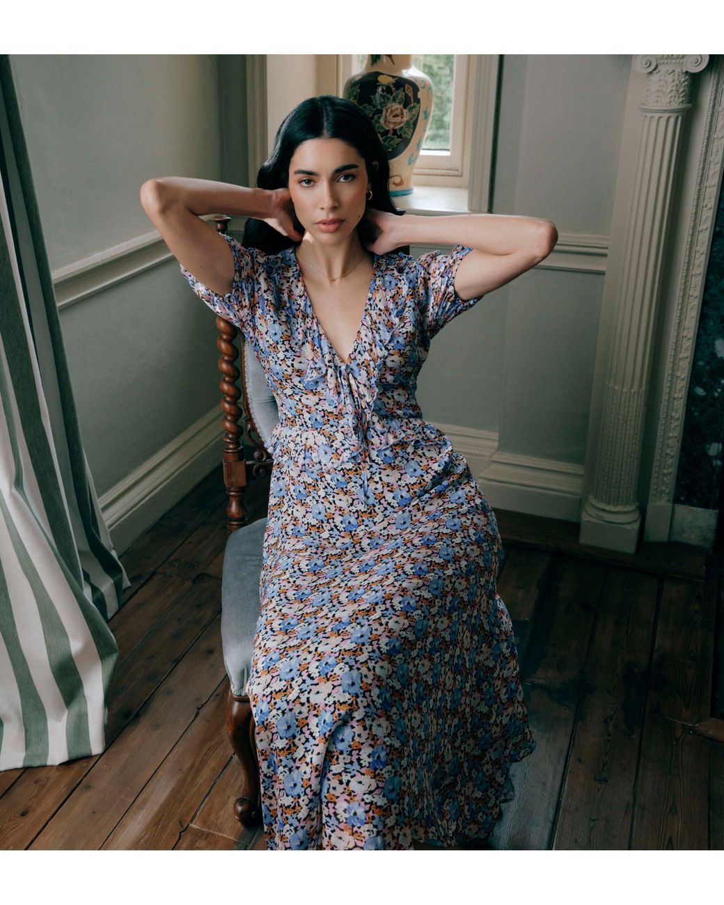 Finery London Purple Pomona Chiffon Ruffle Bow Puff Sleeve Midi Dress