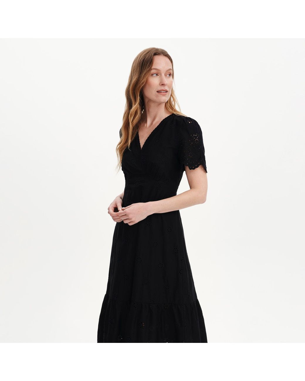 Finery London Black Quinn Cotton Broderie Lace Trim V-Neck Midi Dress