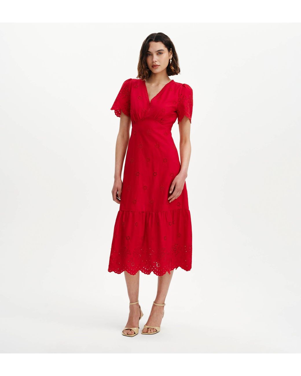 Finery London Red Quinn Cotton Broderie Lace Trim V-Neck Midi Dress