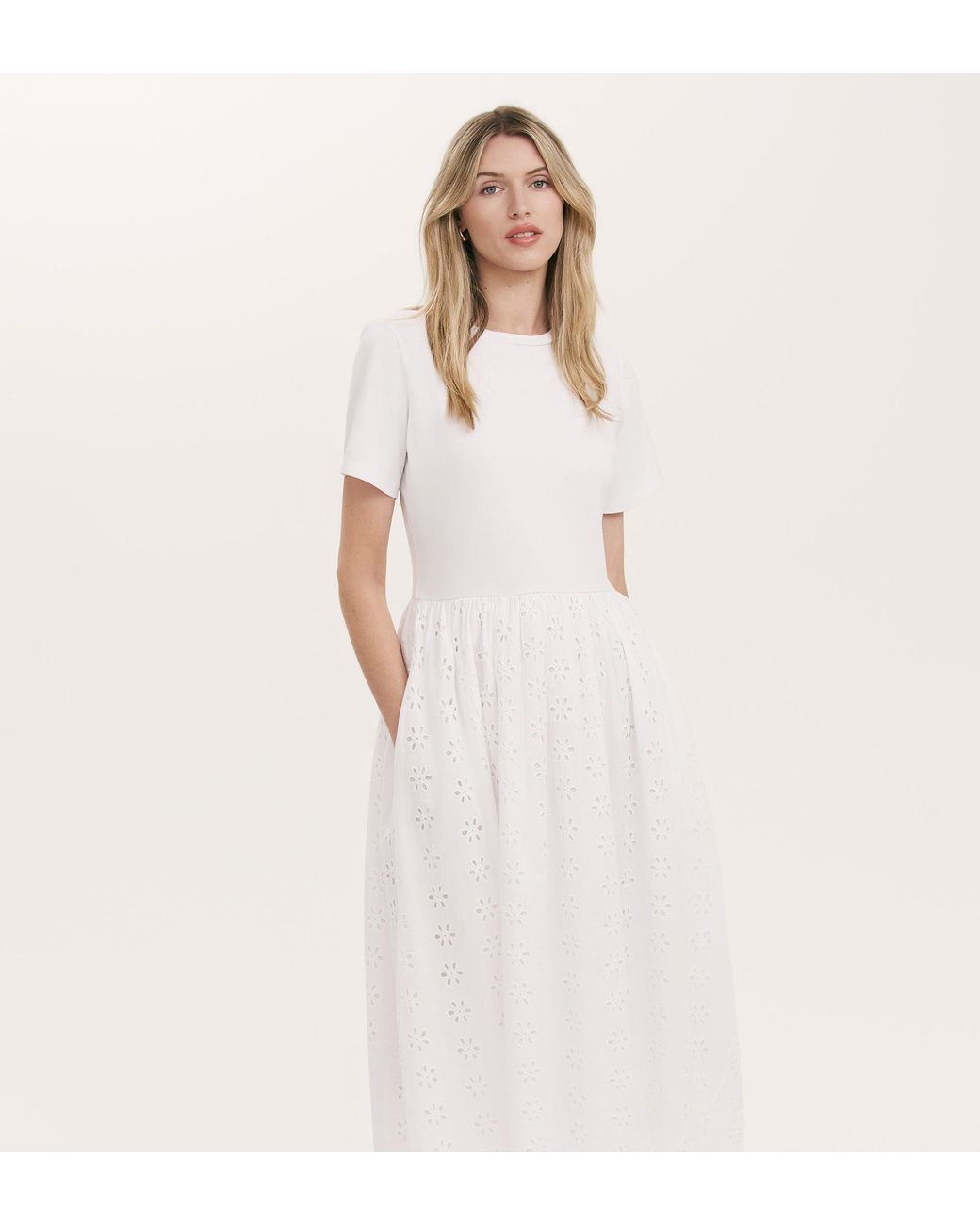 Finery London Pink Brea Cotton Broderie Midi T-Shirt Dress
