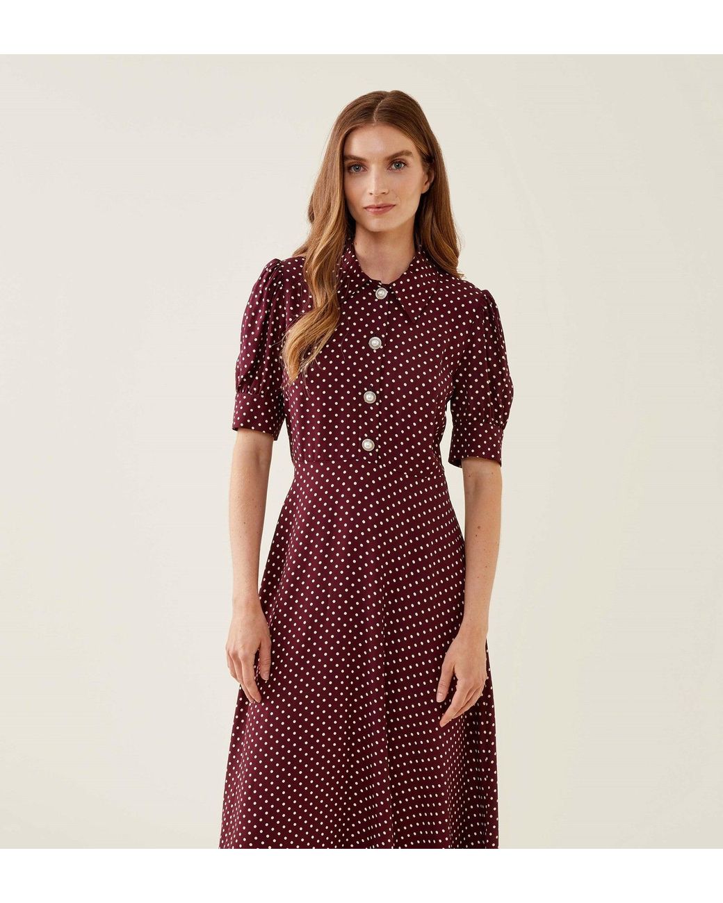 Finery London Red Jaela Burgundy Spot Midi Shirt Dress