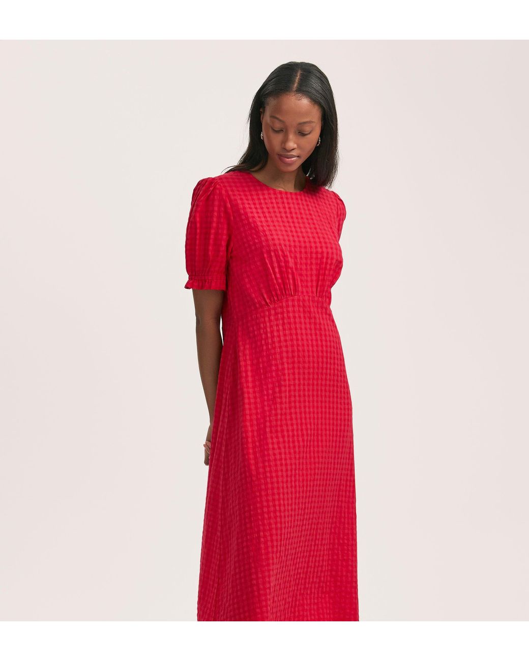 Finery London Red Mela Gingham Seersucker Midi Dress