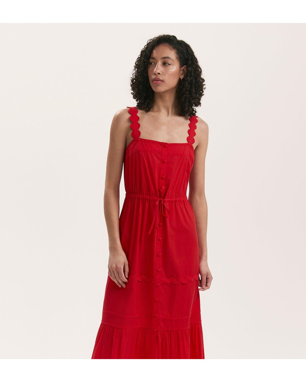 Finery London Red Hallie Ric Rac Trim Cotton Midi Dress