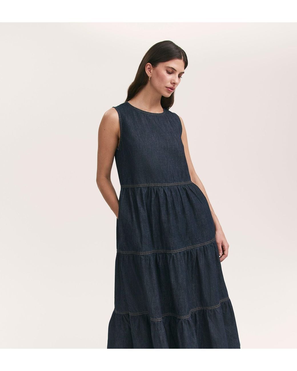 Finery London Blue Essie Denim Sleeveless Midi Tiered Dress