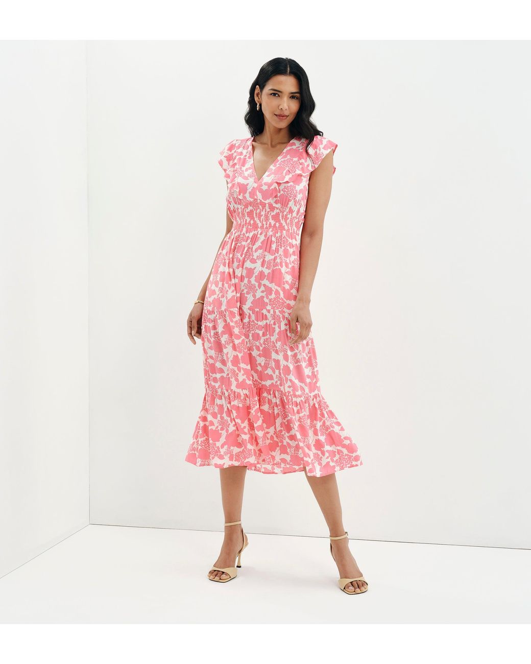 Finery London Pink Mattie Frill Sleeve Empire Waist Tiered Midi Dress