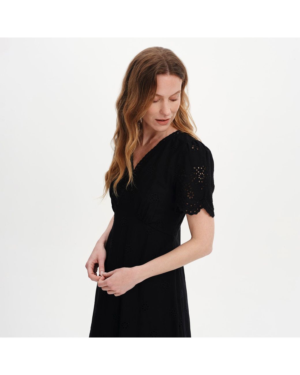 Finery London Black Quinn Cotton Broderie Lace Trim V-Neck Midi Dress