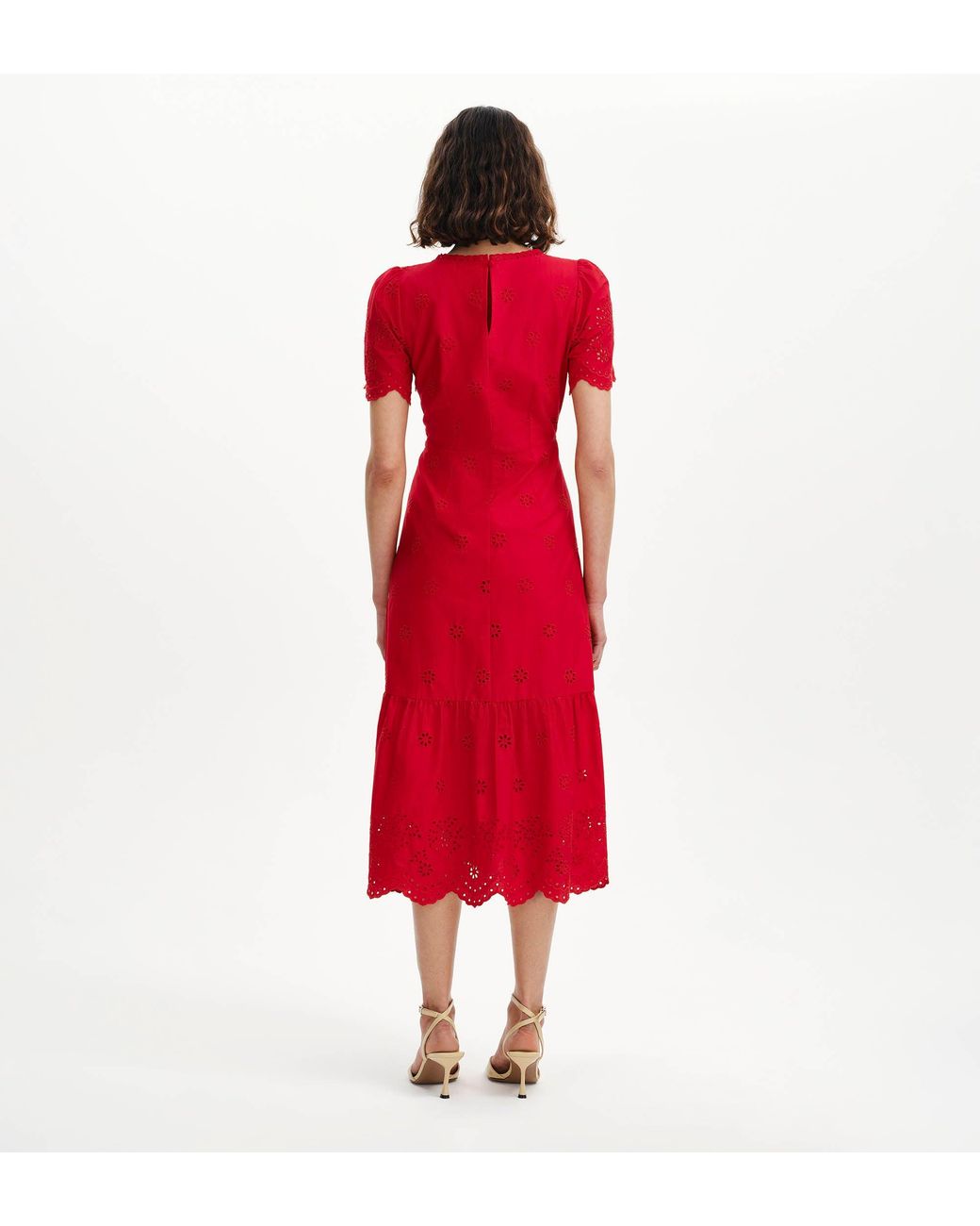 Finery London Red Quinn Cotton Broderie Lace Trim V-Neck Midi Dress