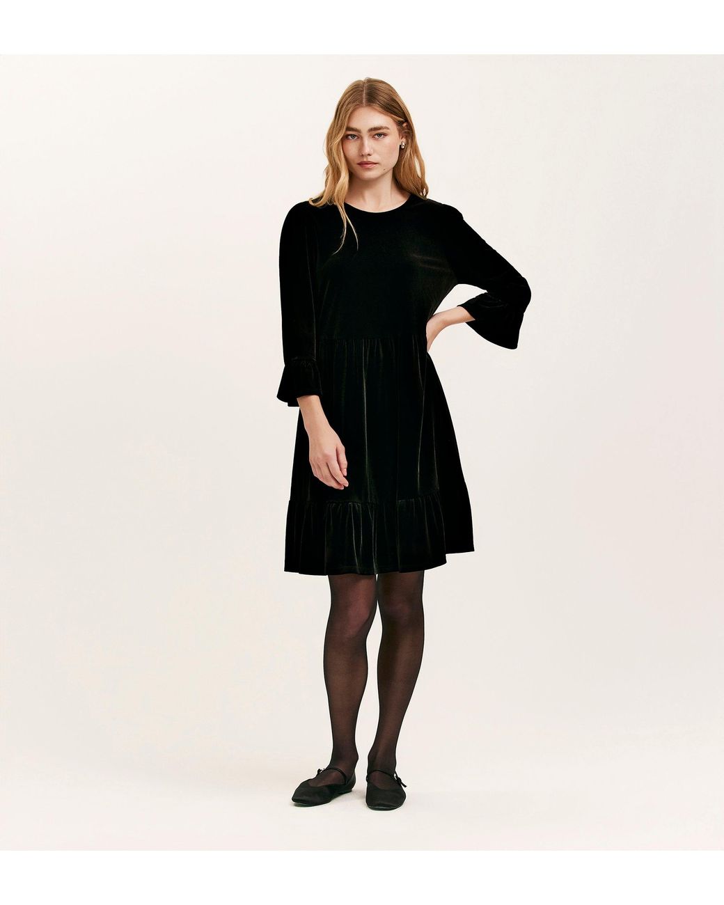 Finery London Black Camie Velvet Short Tiered Dress
