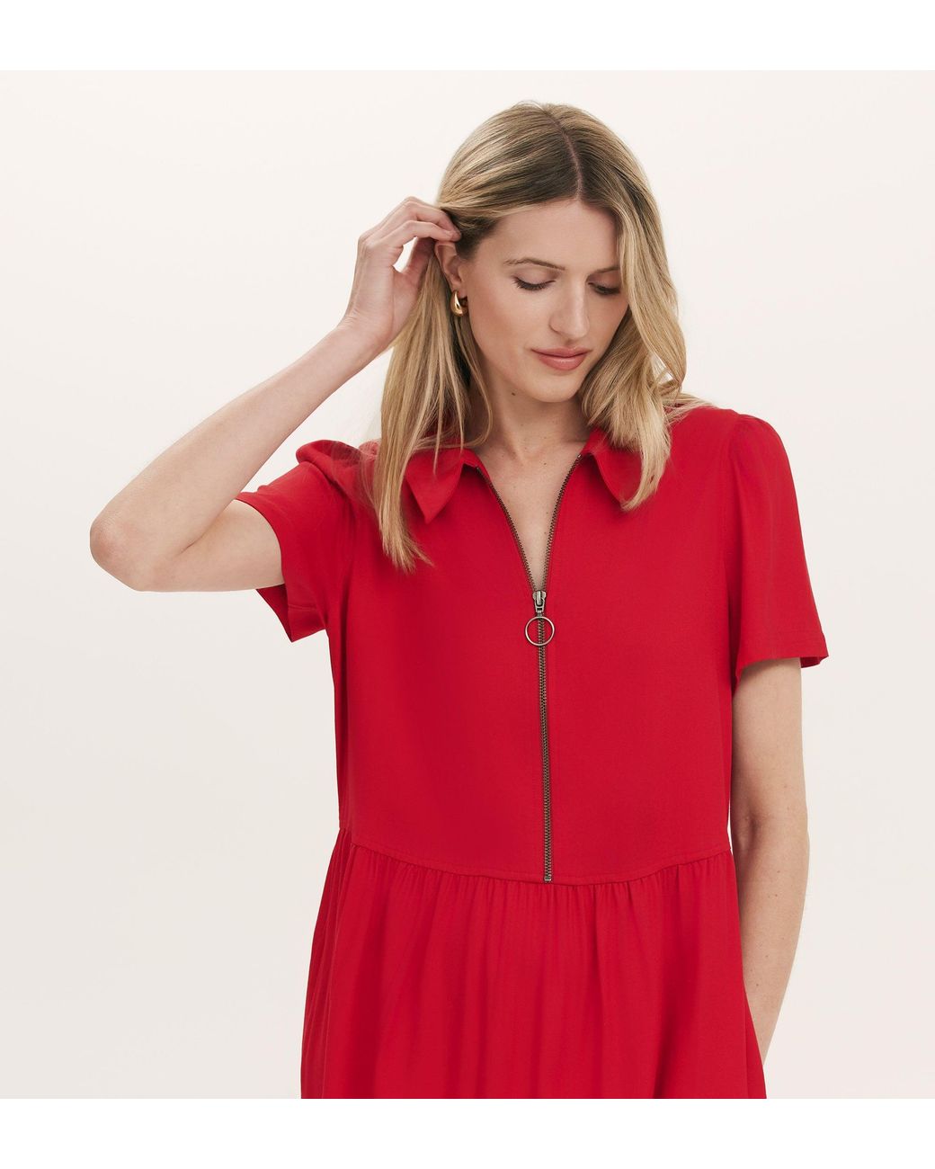 Finery London Red Orion Zip Front Midi Shirt Dress