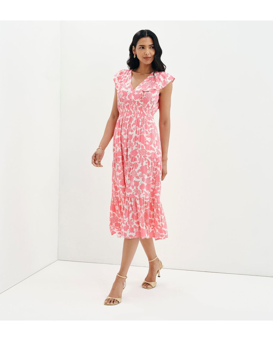 Finery London Pink Mattie Frill Sleeve Empire Waist Tiered Midi Dress