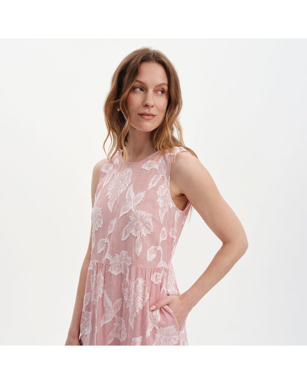 Finery London Pink Hollie Jacquard Stripe Cotton Sleeveless Midi Dress