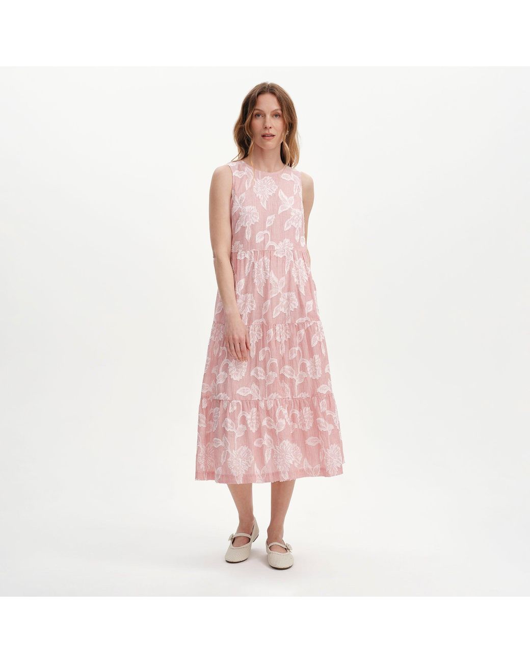 Finery London Pink Hollie Jacquard Stripe Cotton Sleeveless Midi Dress