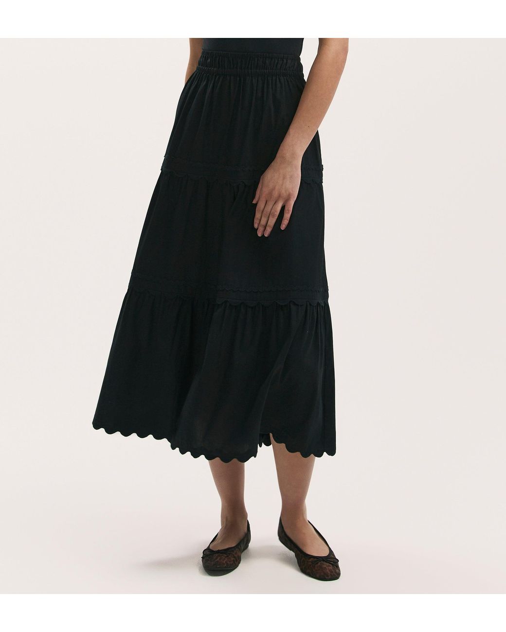 Finery London Black Paula Cotton Ric Rac Trim Midi Skirt