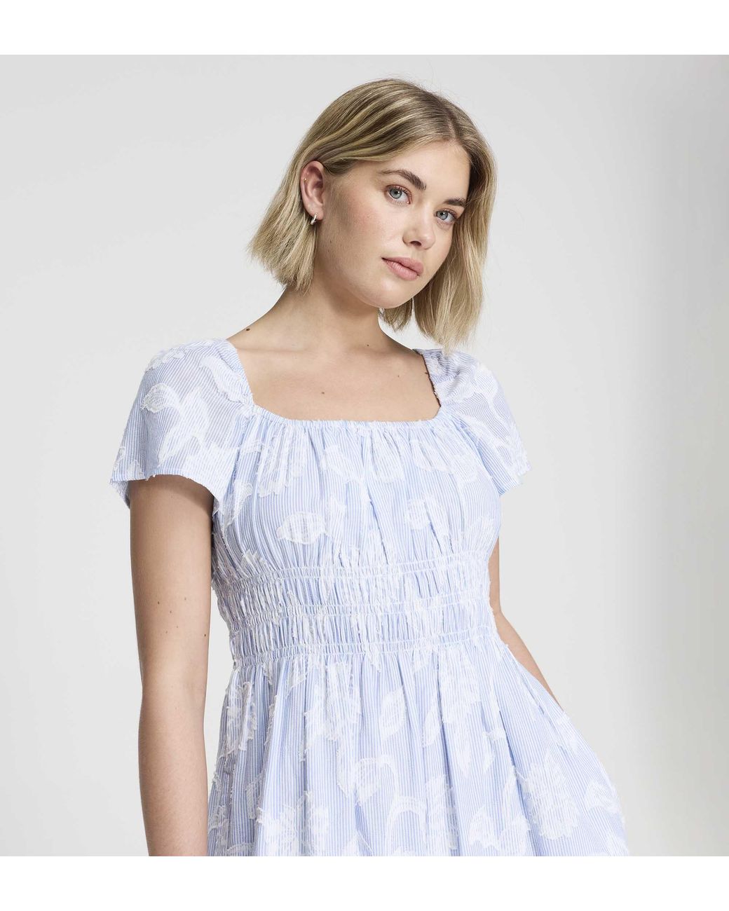 Finery London White Maia Jacquard Stripe Shirred Waist Midi Dress