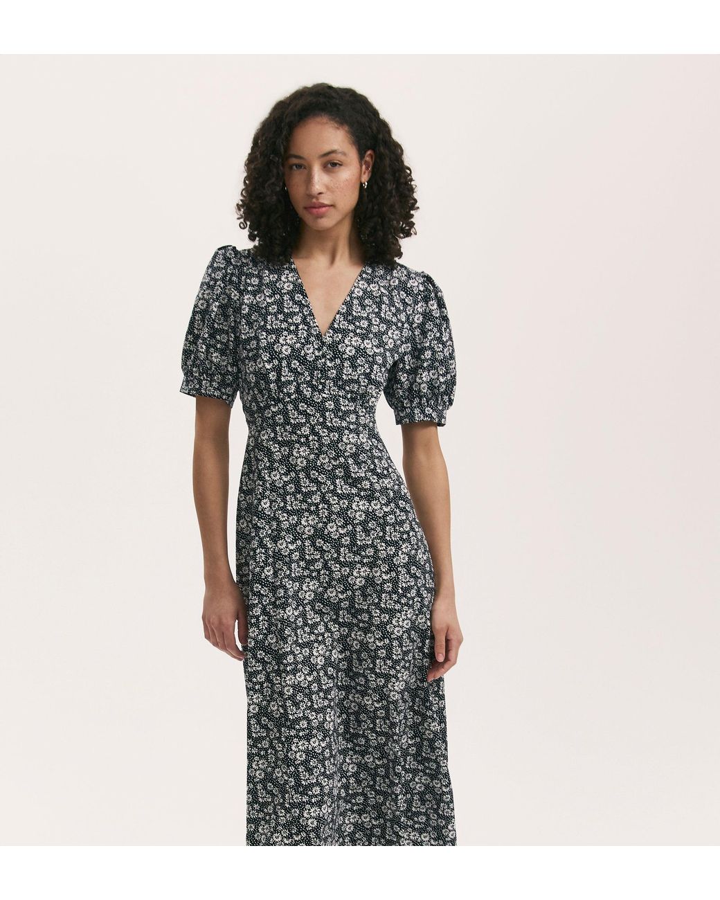 Finery London Black Colette Crepe Midi Tea Dress
