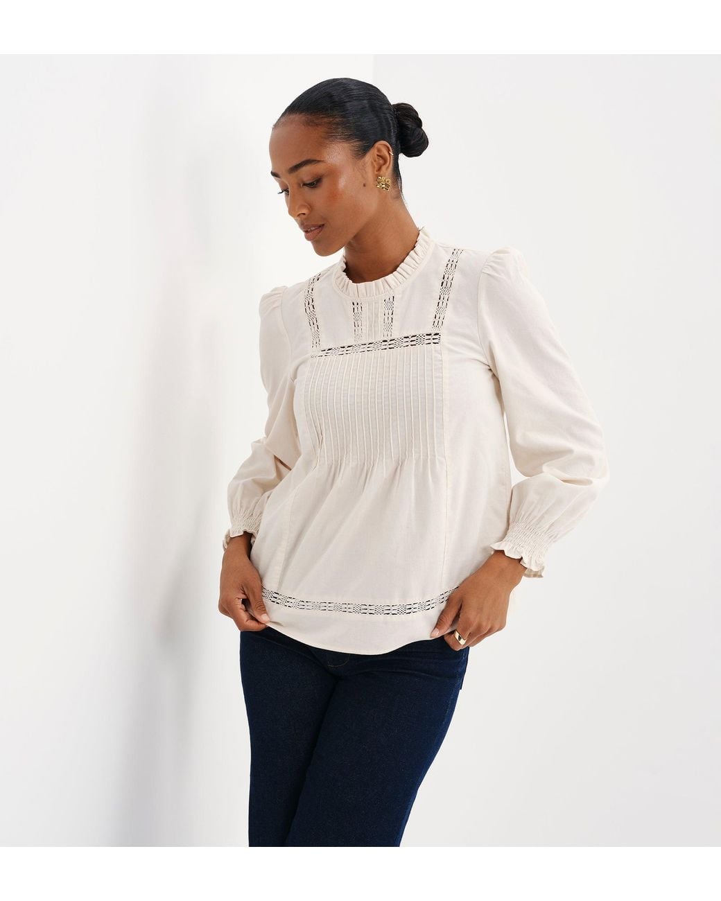 Finery London Natural Alicia Corduroy Lace Trim Pintuck Top