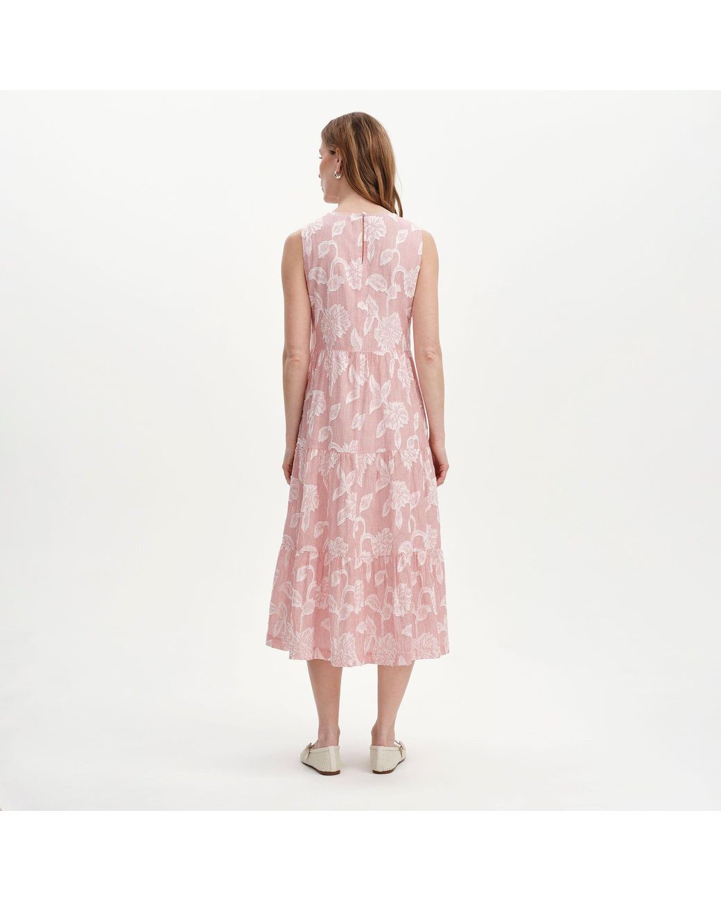 Finery London Pink Hollie Jacquard Stripe Cotton Sleeveless Midi Dress