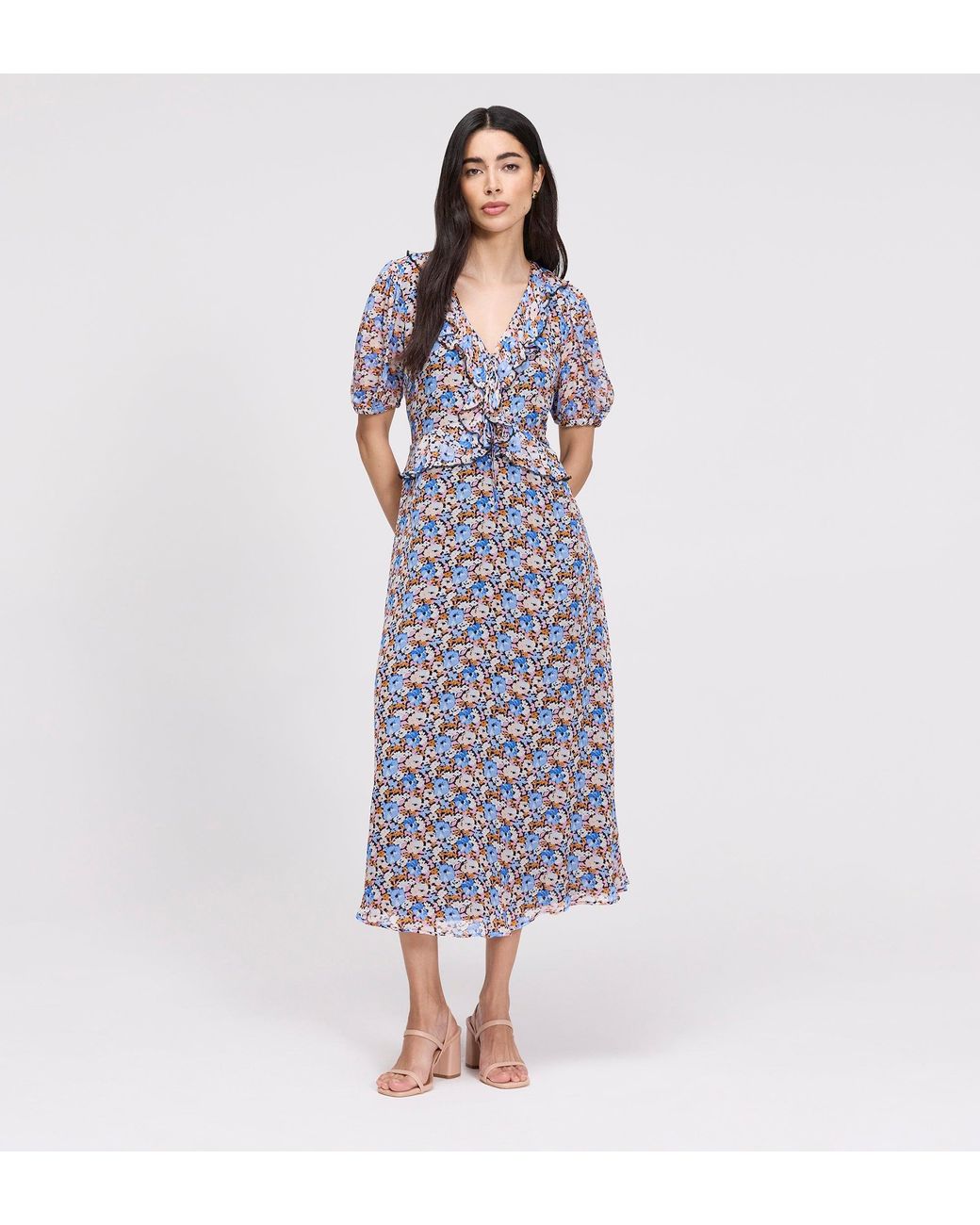 Finery London Purple Pomona Chiffon Ruffle Bow Puff Sleeve Midi Dress