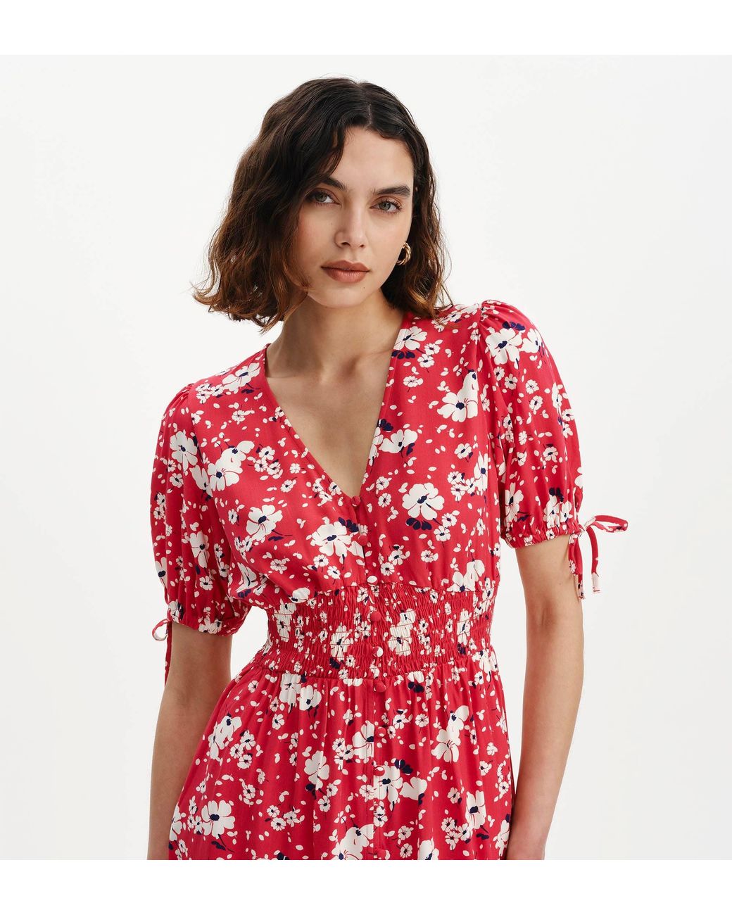Finery London Red Margot Puff Sleeve Button Through Midi Dress