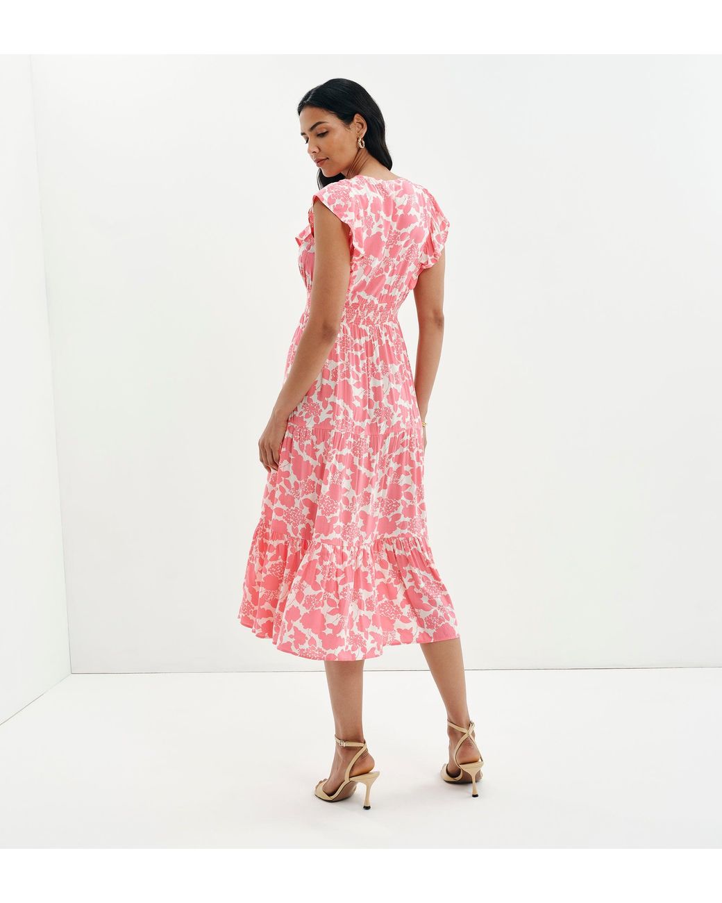 Finery London Pink Mattie Frill Sleeve Empire Waist Tiered Midi Dress