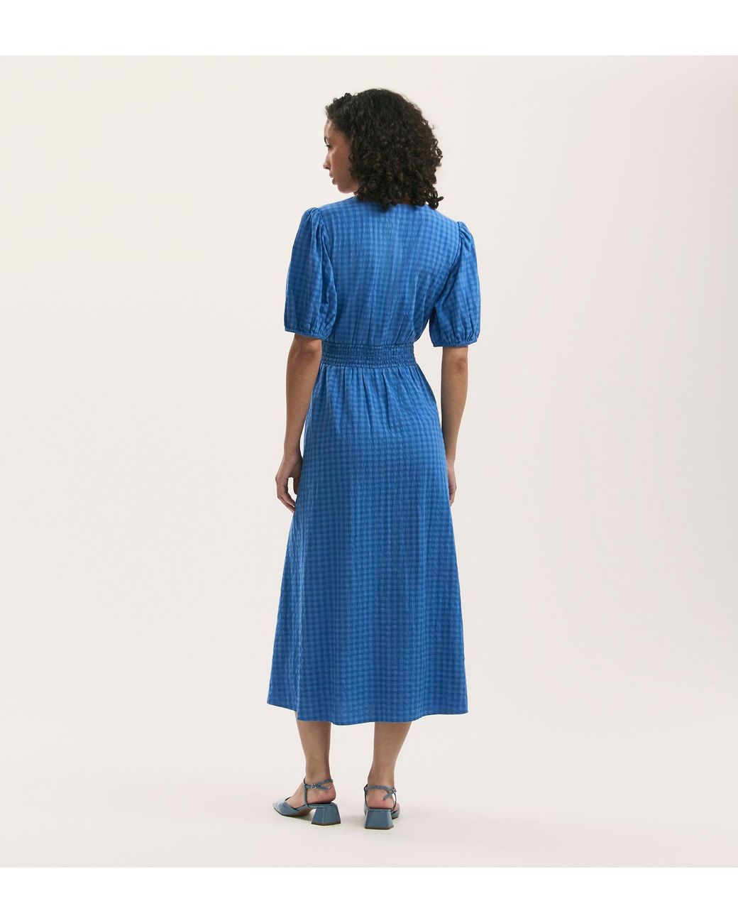 Finery London Blue Addison Gingham Seersucker Midi Dress