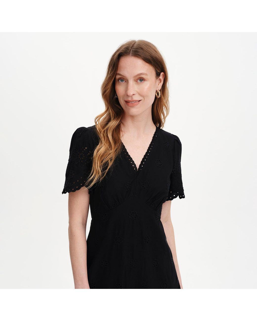 Finery London Black Quinn Cotton Broderie Lace Trim V-Neck Midi Dress