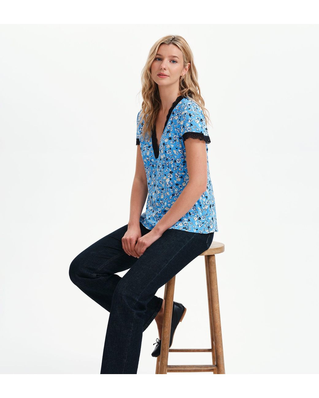 Finery London Blue Lacie Lace Trim V-Neck Empire Waist Top